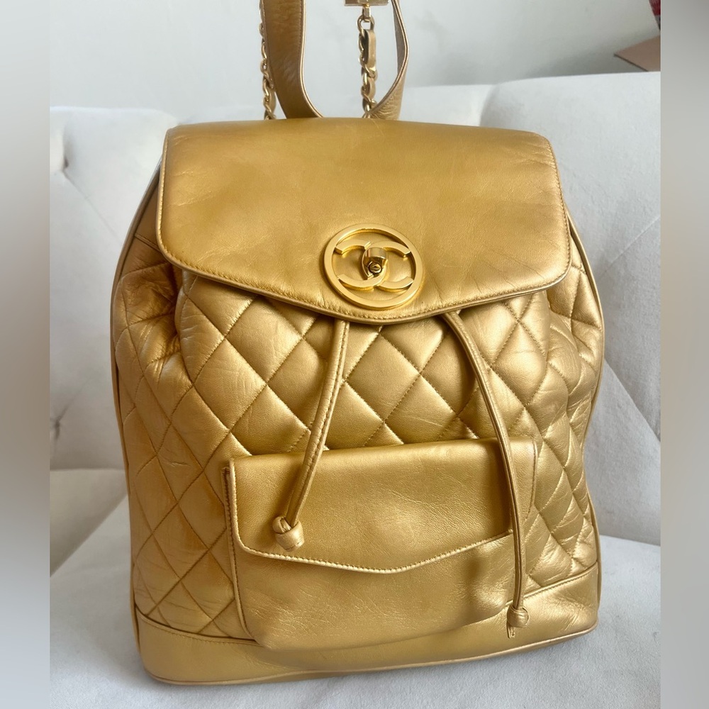 Chanel Vintage Sunset Gold Quilted leather W 24K Gold Plated Backpack with Pouch - Picture 1 of 8